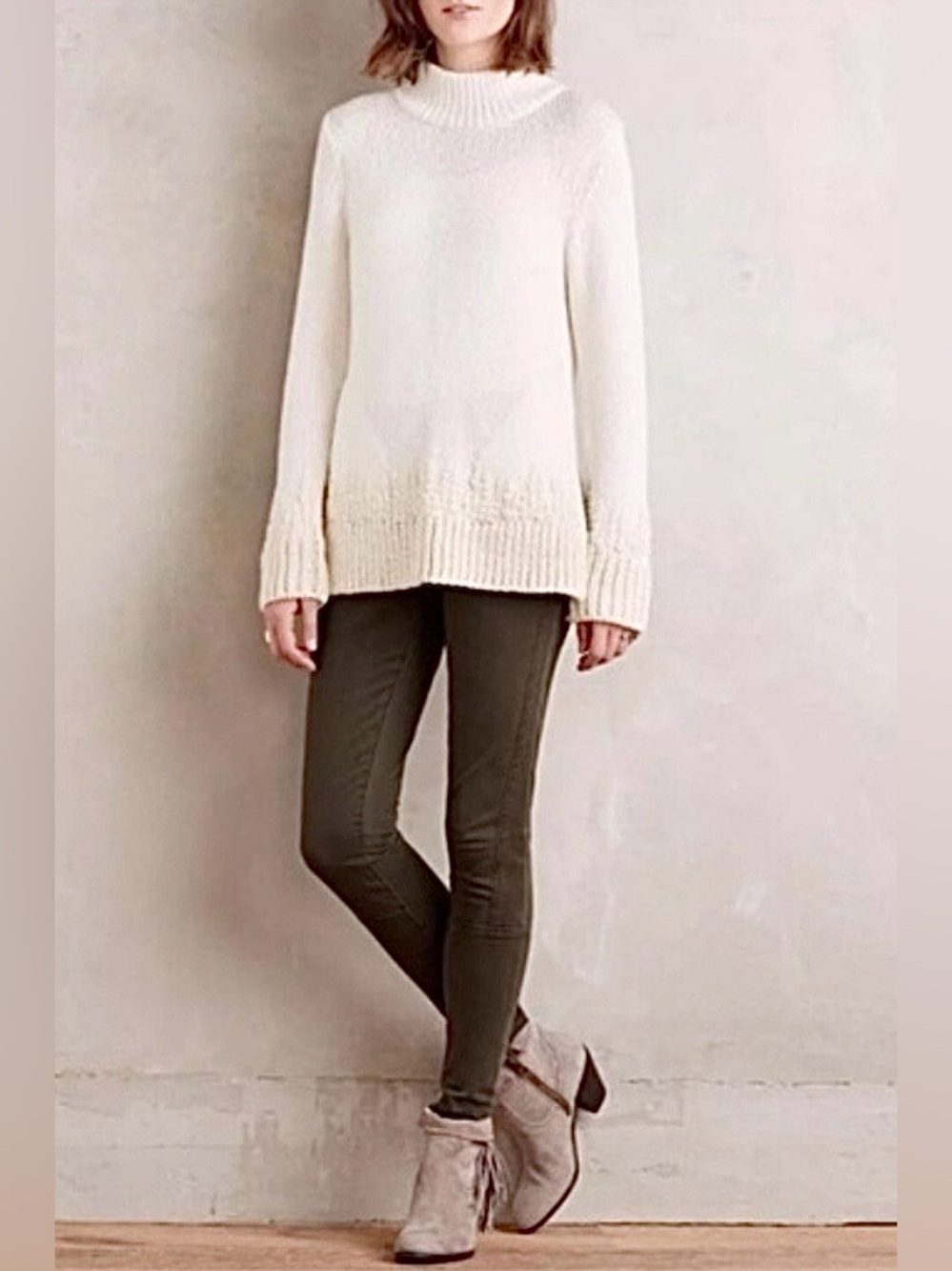 SLEEPING ON SNOW Anthro Embroidered Ivory Mock Neck Wool Alpaca Sweater Size L